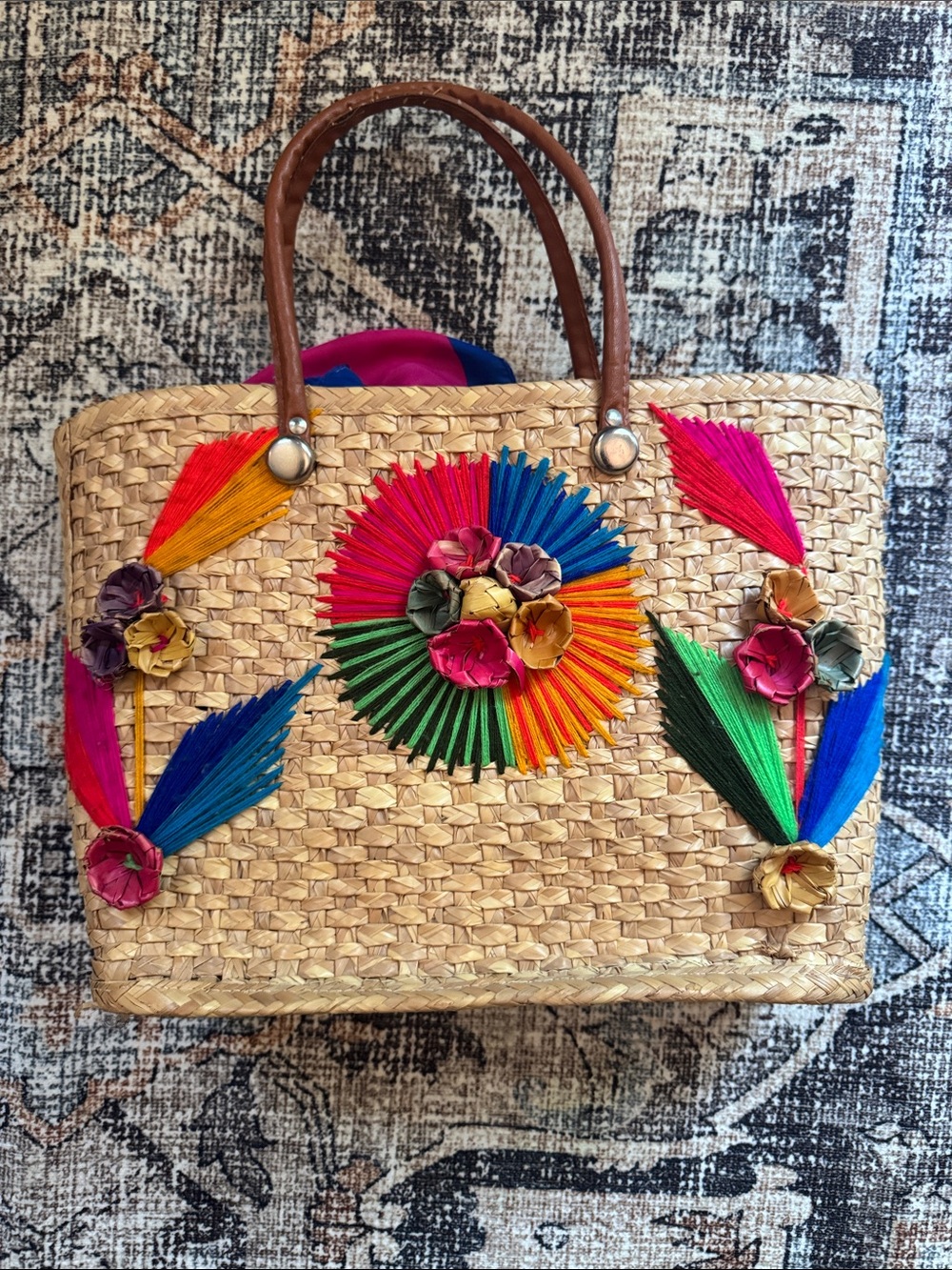 Woven Straw Tote with Multicolor Floral Embellishments